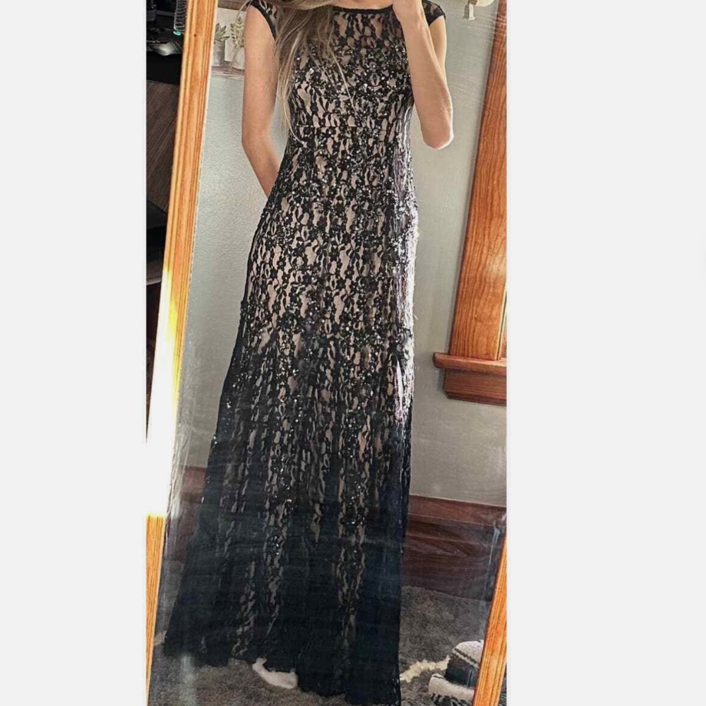 Cache Black Lace Sequined Pleated Bottom Gown Ful… - image 1